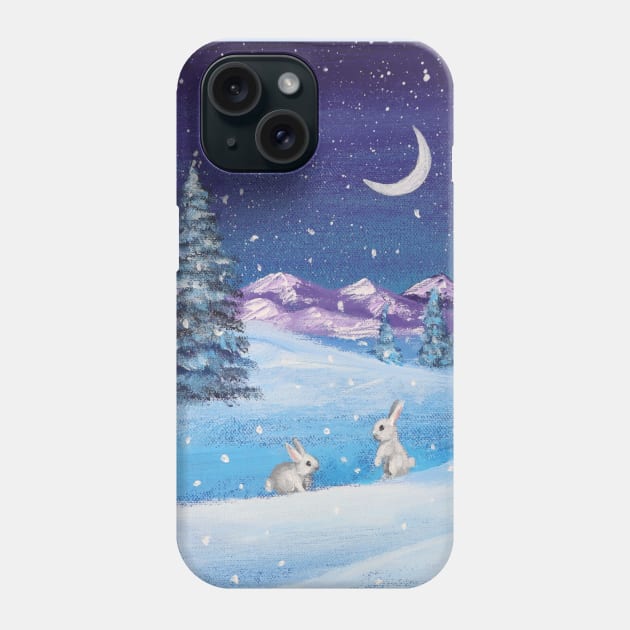 snowy mountain pine tree snow night scenery winter bunny Phone Case by Tina