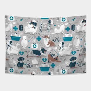 Veterinary medicine, happy and healthy friends // pattern // grey background turquoise details navy blue white and brown cats dogs and other animals Tapestry