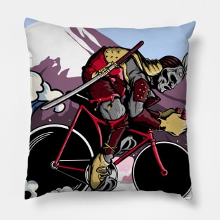 Japanese Samurai Cycling through Rushing Waves Pillow