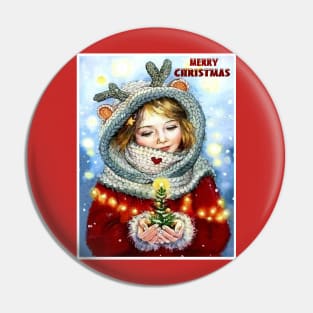 Merry Christmas Young Girl holding a Xmas Tree Vintage Print Pin