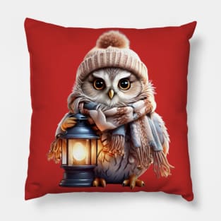 Winter Whimsy: Adorable Owl in Hat and Scarf Holding Lantern Pillow