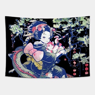 Japanese Girl With Dragon and Cats T-Shirt 05 Tapestry