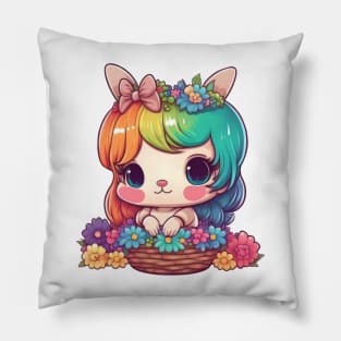 Kawaii Easter Bunny Girl In Basket With Spring Rainbow Flowers Pillow