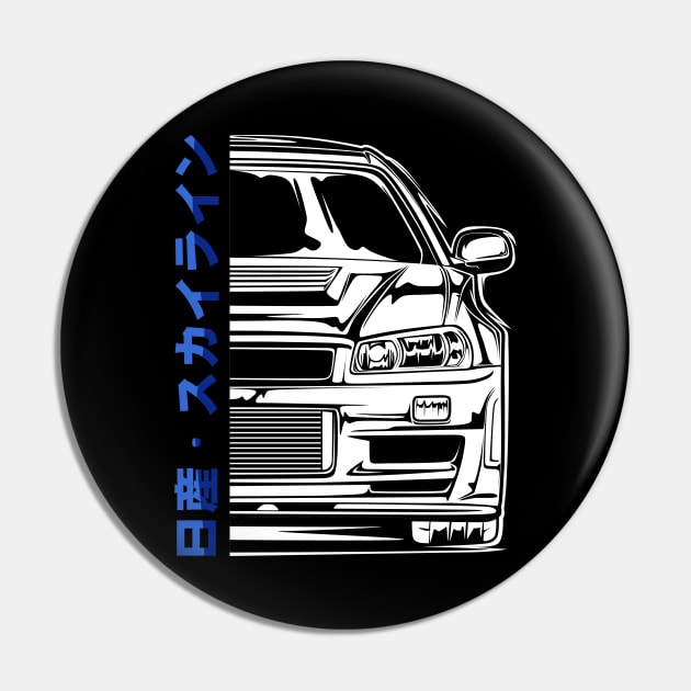 Skyline R34 GTR V Spec Half Front (White Print) Pin by idrdesign