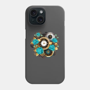 Steampunk Striped Background with Clock and Turquoise Roses Phone Case