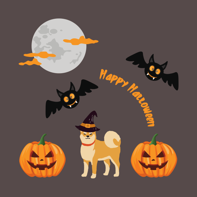 Shiba Inu with Witch Hat and Happy Halloween Sign, Spooky Pumpkin, Bats and Moon by Seasonal Dogs