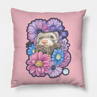 Ferret And Flowers - Charcoal Outline Pillow