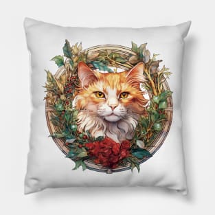 Holiday Ginger Cat with Christmas Wreath Pillow