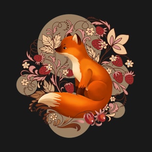 Fox Autumn Fall Leaves Floral Strawberries T-Shirt