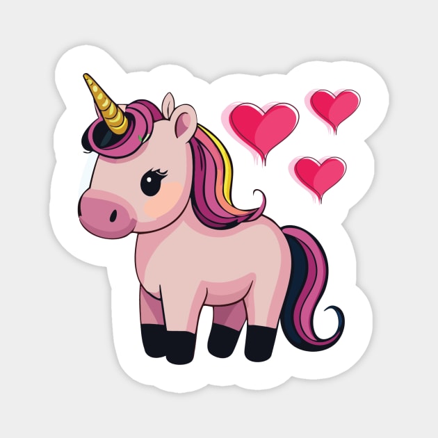 Cute baby unicorn with hearts Magnet by FUNKY BEARD