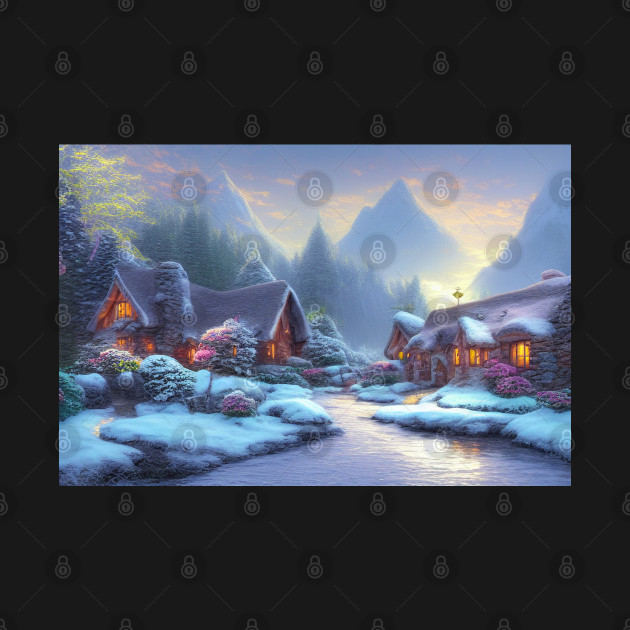 Magical Fantasy House with Lights in a Snowy Scene, Fantasy Cottagecore artwork by Promen Art