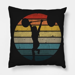 Lifting Weights Silhouette On A Distressed Retro Sunset product Pillow