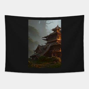 Surreal Magical Asian Tower in Beautiful Landscape and Trees by the Mountains Tapestry