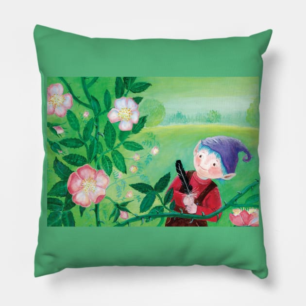 Purple Hat Gnome behind a wild rose bush Pillow by Julia Doria Illustration