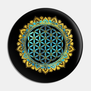 Flower of life gold an blue texture  glass Pin