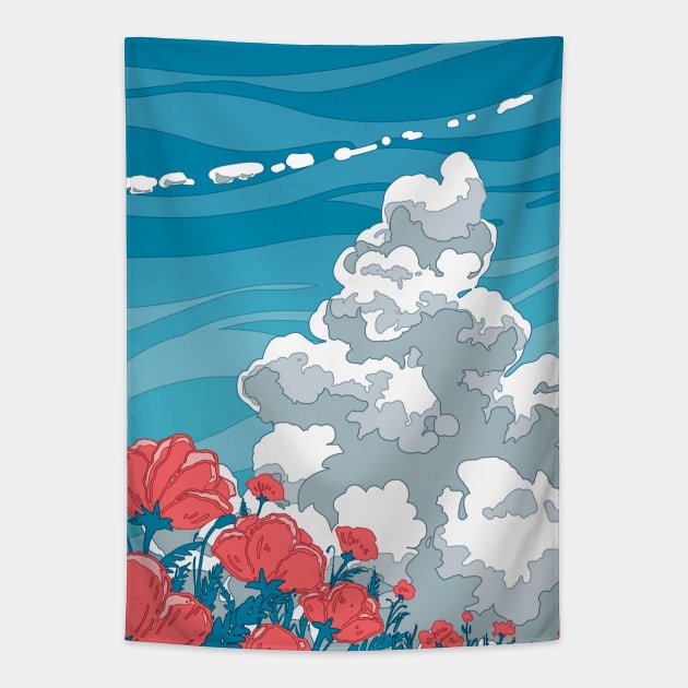 The blue sky, summer clouds and the red flowers Tapestry by AnGo