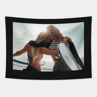 Rio de Janeiro - Two Sexy Female Surfer Girls Holding Surfboards and Hugging Each Other Tapestry