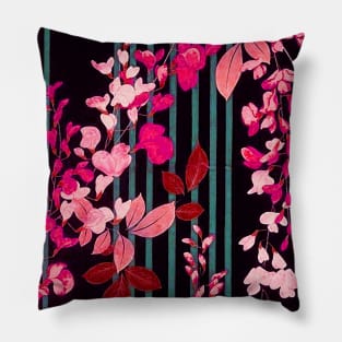 PINK FUCHSIA FLOWERS AND BLUE GREEN BLACK STRIPES Antique Japanese Floral Pillow