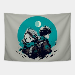 A couple of people sitting next to each other, anime art Tapestry