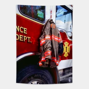 Firemen - Fireman's Jacket On Fire Truck Tapestry