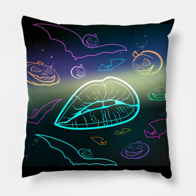 Kiss, pumpkins and bats in neon colors Pillow by GuettoUnderClothing