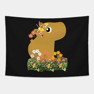 Cute Brown Kawaii Capybara sitting in flowers Tapestry