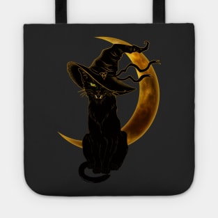 Black Cat with Witch Hat and Crescent Moon Tote