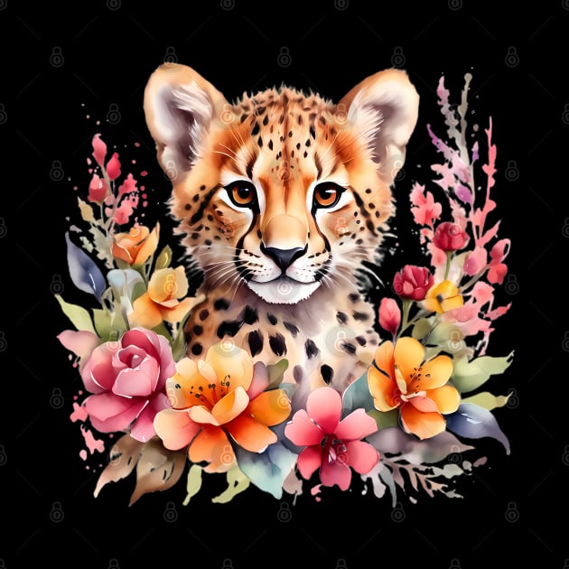 A baby cheetah decorated with beautiful watercolor flowers by CreativeSparkzz