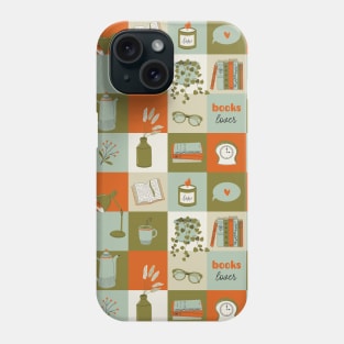 Abstract geometric pattern with books and cozy home elements Phone Case