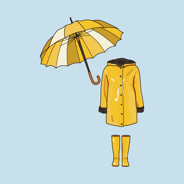 Yellow raincoat with yellow wellington boots and yellow multi toned umbrella. Cute fashion statement ready for the rain. by Fruit Tee