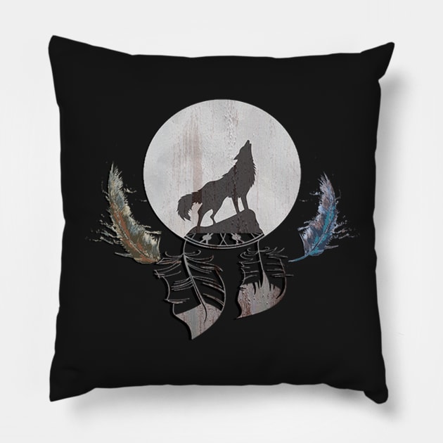 Cool Wolf Howling at Moon Graphic Design Feather Southwestern Dream Catcher Pillow by tamdevo1