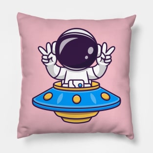 Cute Astronaut Riding UFO With Peace Sign Cartoon Pillow