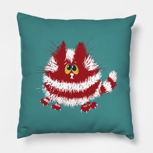 Funny Red and White Fluffy Cat on Turquoise Background Pillow