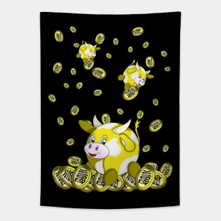 lucky yellow bubble cow with gold coins Tapestry