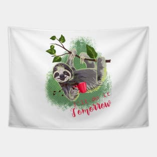 Sloth with coffee mug tropical pribt Tapestry