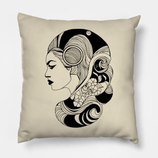 Black and white design of a woman wearing her hair as a cascade in the shape of a shell with flowers Pillow