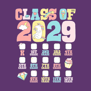 Cute Unicorn Graduation Class of 2029 Grow with Me Checklist T-Shirt