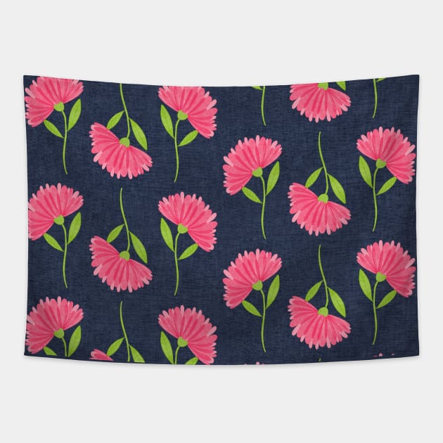 Pink Watercolor Calendula Flowers With Denim Navy Chambray Background Tapestry by Rosemarie Guieb Designs