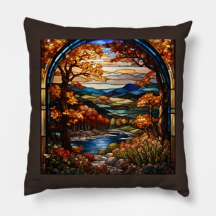 Stained Glass Window Of Autumn Scenery Pillow