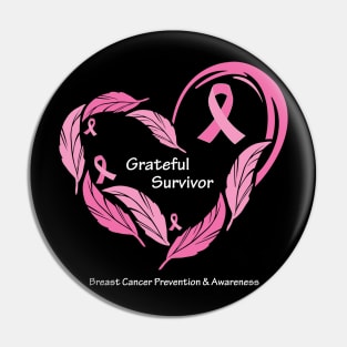 Breast cancer survivor with feathers, ribbons & white type Pin