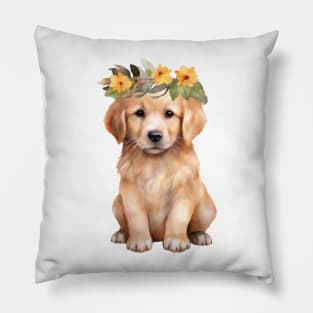 Watercolor Golden Retriever Dog with Head Wreath Pillow