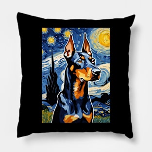 Doberman Pinscher Dog Breed Painting in a Van Gogh Starry Night Art Style Pillow