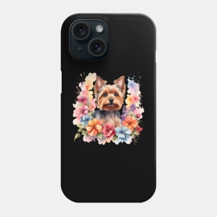 A yorkshire terrier decorated with beautiful watercolor flowers Phone Case