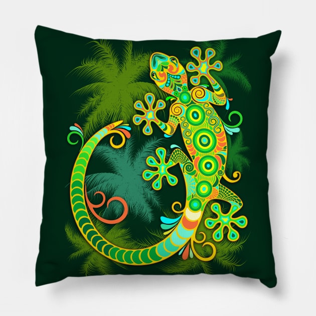 Gecko Lizard Colorful Tattoo Style Pillow by BluedarkArt