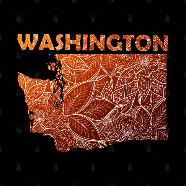 Colorful mandala art map of Washington with text in brown and orange by Happy Citizen