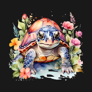 A turtle decorated with beautiful watercolor flowers T-Shirt