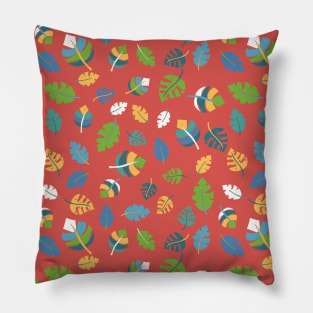 Tropical leaves on a red background. Green, blue, teal, yellow, and white leaves on red. Leaf pattern. Jungle leaves. Pillow