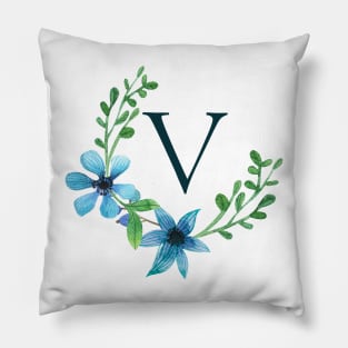 Floral Monogram V Pretty Blue Flowers Pillow