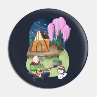 Cozy A frame cottage, man, cat, guitar at night, sakura willow tree Pin