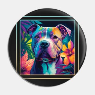 Happy American Staffordshire Pit Bull Dog Vibrant Tropical Flower Digital Oil Painting Portrait Pin